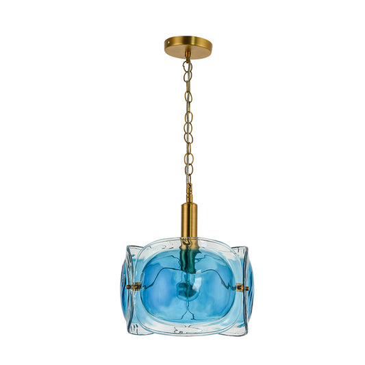 1 Bulb Restaurant Ceiling Lighting Modernist Brass Pendant Lamp Kit with 3-Panel Blue Water Glass Shade Clearhalo 'Ceiling Lights' 'Modern Pendants' 'Modern' 'Pendant Lights' 'Pendants' Lighting' 730392