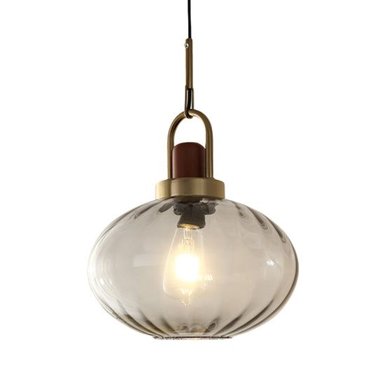 1 Light Bedroom Pendant Simple Brown and Gold Hanging Lamp with Oval Smoke Gray Water Glass Shade Clearhalo 'Ceiling Lights' 'Modern Pendants' 'Modern' 'Pendant Lights' 'Pendants' Lighting' 730411