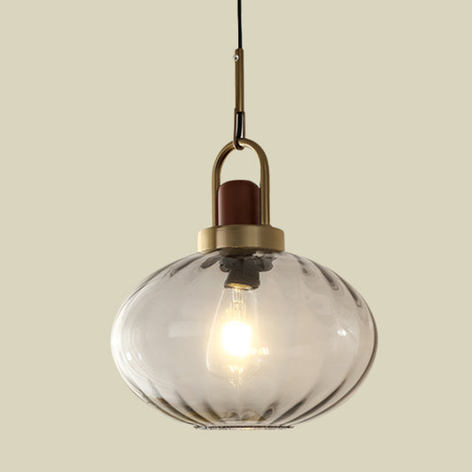 1 Light Bedroom Pendant Simple Brown and Gold Hanging Lamp with Oval Smoke Gray Water Glass Shade Clearhalo 'Ceiling Lights' 'Modern Pendants' 'Modern' 'Pendant Lights' 'Pendants' Lighting' 730412
