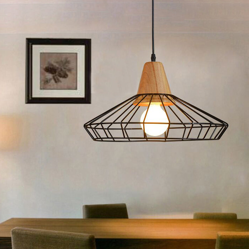 Industrial Saucer/Polygon/Diamond Pendant Lighting Fixture 1 Head Metal and Wood Ceiling Light with Cage Shade in Black Black Saucer Clearhalo 'Art Deco Pendants' 'Black' 'Cast Iron' 'Ceiling Lights' 'Ceramic' 'Crystal' 'Industrial Pendants' 'Industrial' 'Metal' 'Middle Century Pendants' 'Pendant Lights' 'Pendants' 'Rustic Pendants' 'Tiffany' Lighting' 730437