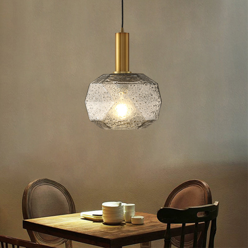 1 Bulb Bedside Pendant Post Modern Brass Hanging Lighting with Faceted Smoke Gray Glass Shade Clearhalo 'Ceiling Lights' 'Modern Pendants' 'Modern' 'Pendant Lights' 'Pendants' Lighting' 730471