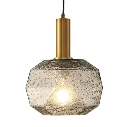1 Bulb Bedside Pendant Post Modern Brass Hanging Lighting with Faceted Smoke Gray Glass Shade Clearhalo 'Ceiling Lights' 'Modern Pendants' 'Modern' 'Pendant Lights' 'Pendants' Lighting' 730472