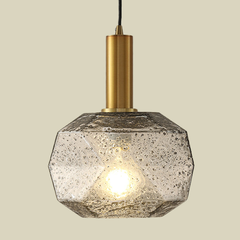 1 Bulb Bedside Pendant Post Modern Brass Hanging Lighting with Faceted Smoke Gray Glass Shade Clearhalo 'Ceiling Lights' 'Modern Pendants' 'Modern' 'Pendant Lights' 'Pendants' Lighting' 730473