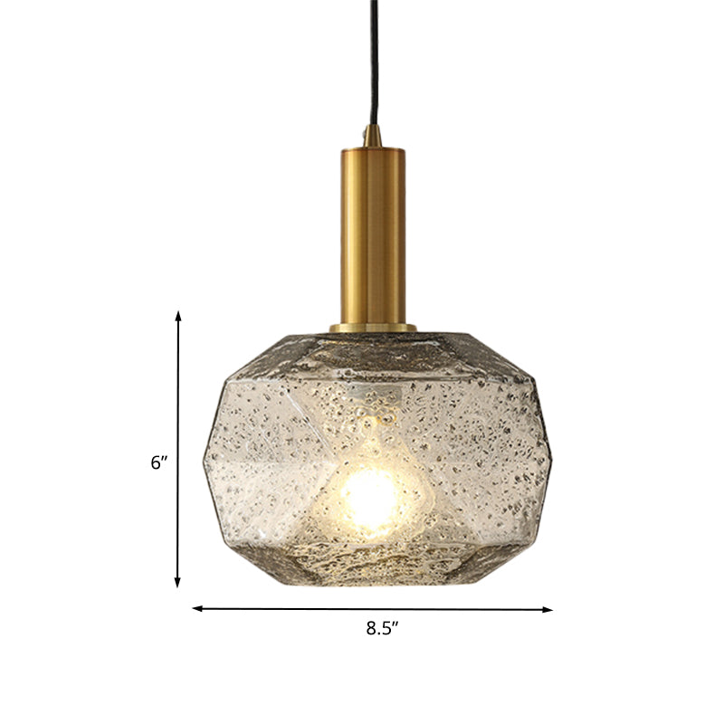 1 Bulb Bedside Pendant Post Modern Brass Hanging Lighting with Faceted Smoke Gray Glass Shade Clearhalo 'Ceiling Lights' 'Modern Pendants' 'Modern' 'Pendant Lights' 'Pendants' Lighting' 730474