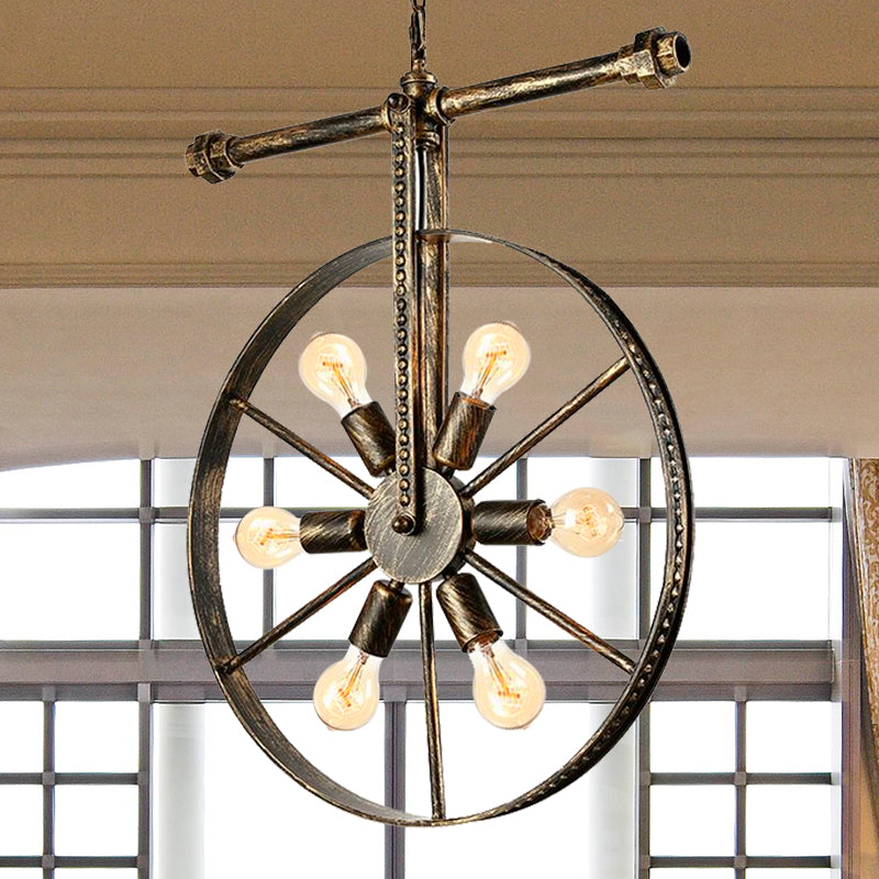 6 Lights Round Pendant Light Fixture with Wheel Design Farmhouse Style Bronze Wrought Iron Ceiling Light 6 Bronze Clearhalo 'Cast Iron' 'Ceiling Lights' 'Chandeliers' 'Industrial Chandeliers' 'Industrial' 'Metal' 'Middle Century Chandeliers' 'Rustic Chandeliers' 'Tiffany' Lighting' 730499