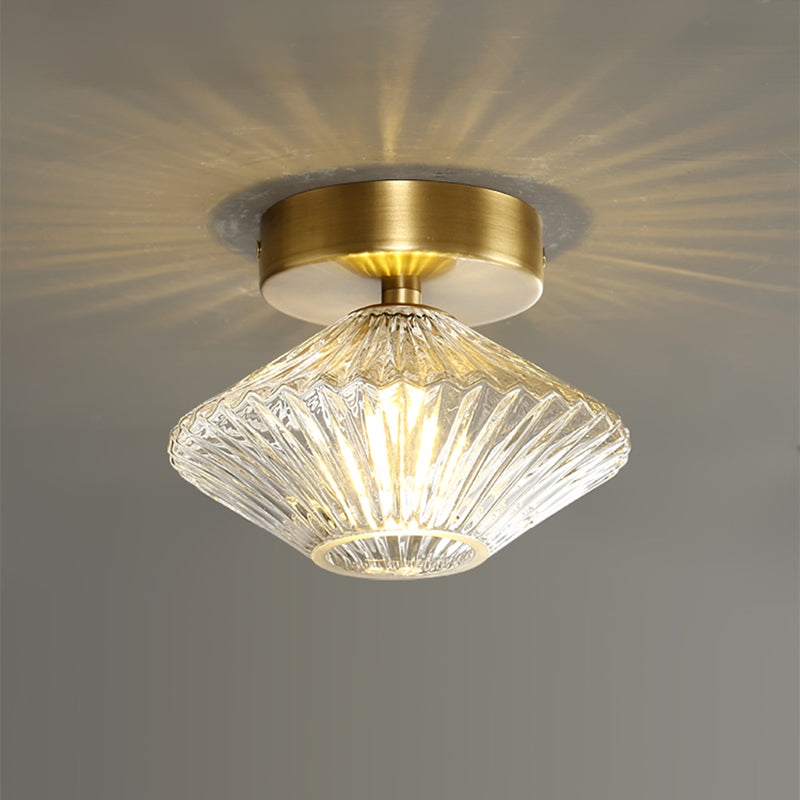 Diamond Bedroom Semi Flush Mount Clear Prismatic Glass 1 Head Modernist Flush Light Fixture in Gold Clear Clearhalo 'Ceiling Lights' 'Close To Ceiling Lights' 'Close to ceiling' 'Glass shade' 'Glass' 'Semi-flushmount' Lighting' 730504