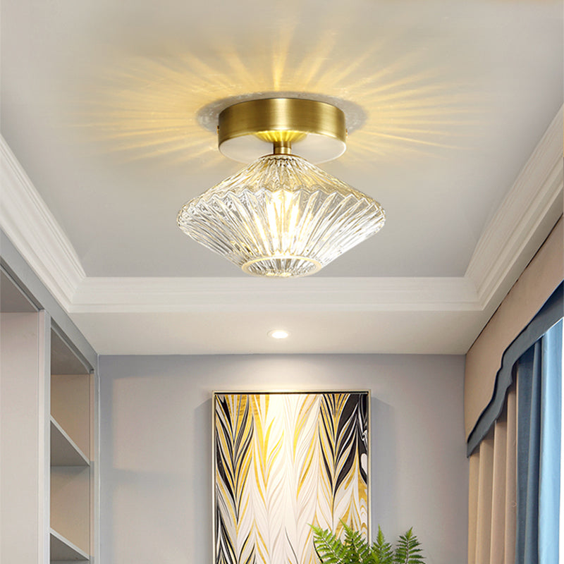 Diamond Bedroom Semi Flush Mount Clear Prismatic Glass 1 Head Modernist Flush Light Fixture in Gold Clearhalo 'Ceiling Lights' 'Close To Ceiling Lights' 'Close to ceiling' 'Glass shade' 'Glass' 'Semi-flushmount' Lighting' 730505
