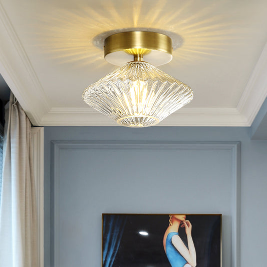 Diamond Bedroom Semi Flush Mount Clear Prismatic Glass 1 Head Modernist Flush Light Fixture in Gold Clearhalo 'Ceiling Lights' 'Close To Ceiling Lights' 'Close to ceiling' 'Glass shade' 'Glass' 'Semi-flushmount' Lighting' 730506