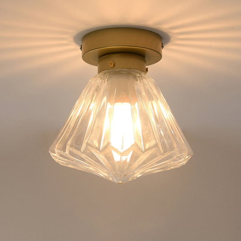 Brass Diamond Flush Ceiling Light Fixture Modernism 1 Bulb Clear Ribbed Glass Flush Lamp for Kitchen Gold Clearhalo 'Ceiling Lights' 'Close To Ceiling Lights' 'Close to ceiling' 'Flush mount' Lighting' 730514