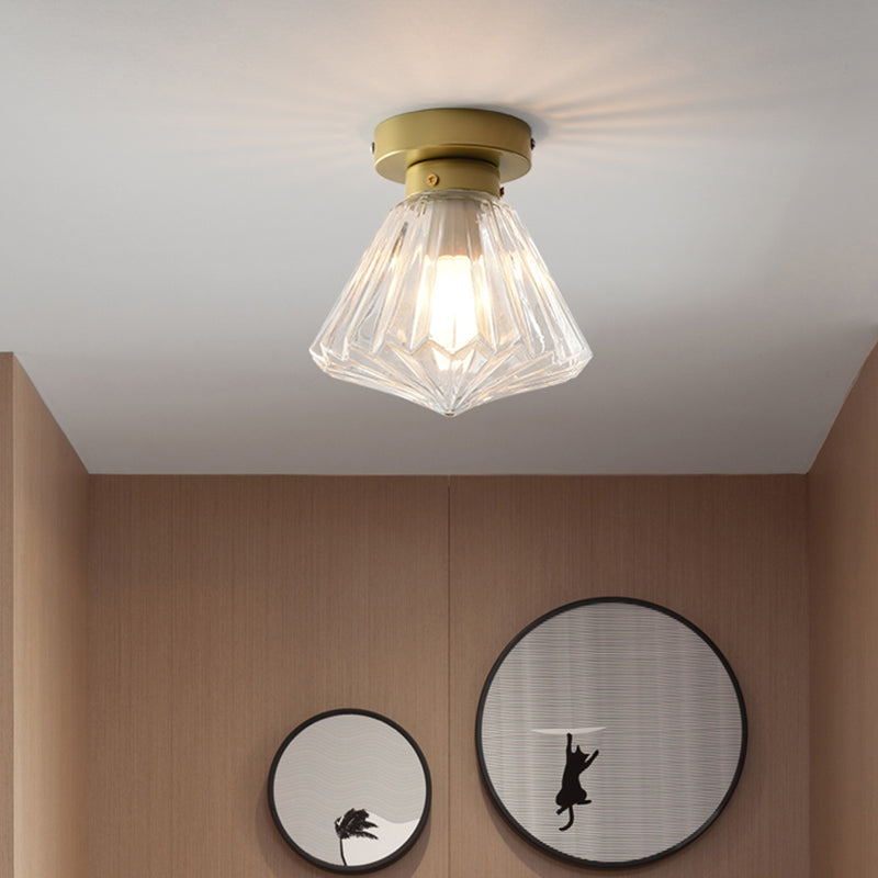 Brass Diamond Flush Ceiling Light Fixture Modernism 1 Bulb Clear Ribbed Glass Flush Lamp for Kitchen Clearhalo 'Ceiling Lights' 'Close To Ceiling Lights' 'Close to ceiling' 'Flush mount' Lighting' 730516