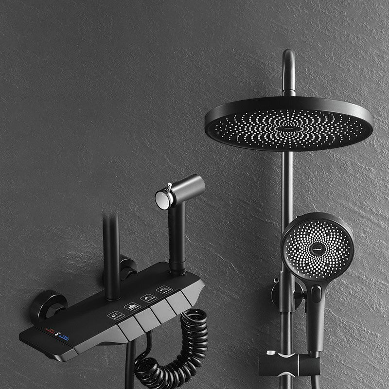 Modern Thermostatic Shower Combo Slide Bar Valve Included Shower System Black Thermostatic Clearhalo 'Bathroom Remodel & Bathroom Fixtures' 'Home Improvement' 'home_improvement' 'home_improvement_shower_faucets' 'Shower Faucets & Systems' 'shower_faucets' 'Showers & Bathtubs Plumbing' 'Showers & Bathtubs' 7305167