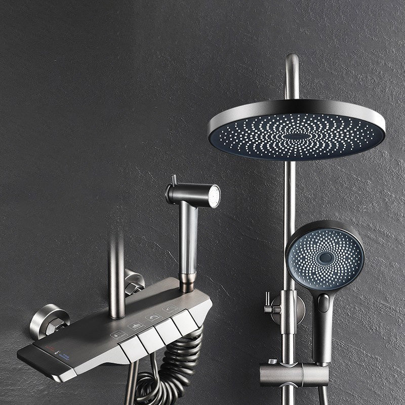 Modern Thermostatic Shower Combo Slide Bar Valve Included Shower System Dark Gray Thermostatic Clearhalo 'Bathroom Remodel & Bathroom Fixtures' 'Home Improvement' 'home_improvement' 'home_improvement_shower_faucets' 'Shower Faucets & Systems' 'shower_faucets' 'Showers & Bathtubs Plumbing' 'Showers & Bathtubs' 7305171