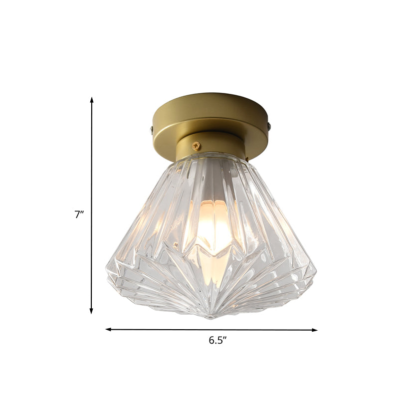Brass Diamond Flush Ceiling Light Fixture Modernism 1 Bulb Clear Ribbed Glass Flush Lamp for Kitchen Clearhalo 'Ceiling Lights' 'Close To Ceiling Lights' 'Close to ceiling' 'Flush mount' Lighting' 730518