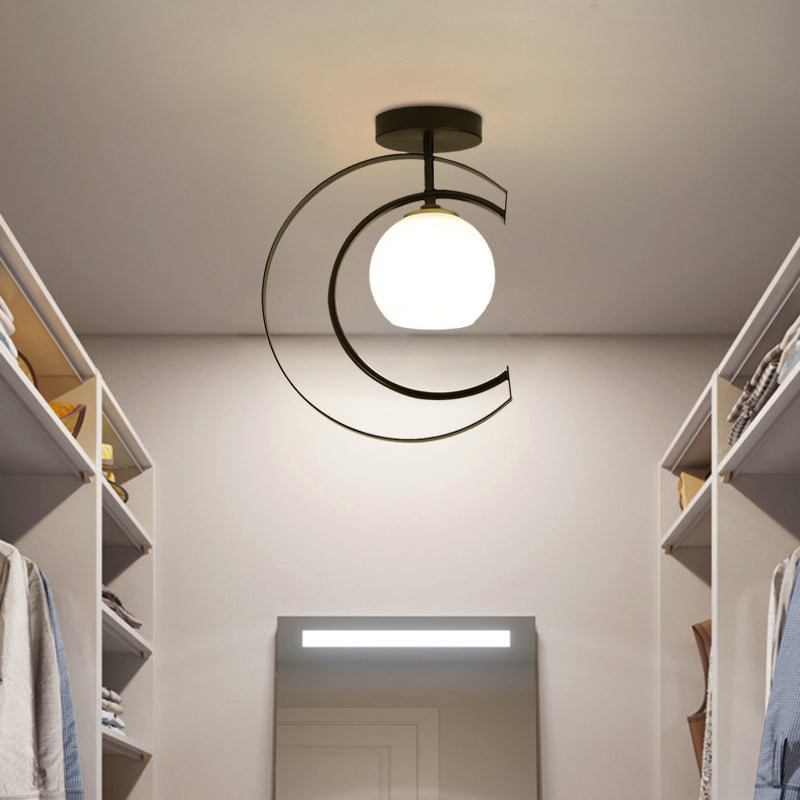 Modern Globe Semi Flush Light White Glass 1-Light Bedroom Ceiling Mounted Lamp in Black with Moon Iron Frame Clearhalo 'Ceiling Lights' 'Close To Ceiling Lights' 'Close to ceiling' 'Glass shade' 'Glass' 'Semi-flushmount' Lighting' 730520