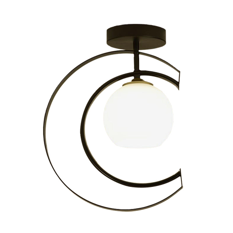 Modern Globe Semi Flush Light White Glass 1-Light Bedroom Ceiling Mounted Lamp in Black with Moon Iron Frame Clearhalo 'Ceiling Lights' 'Close To Ceiling Lights' 'Close to ceiling' 'Glass shade' 'Glass' 'Semi-flushmount' Lighting' 730521