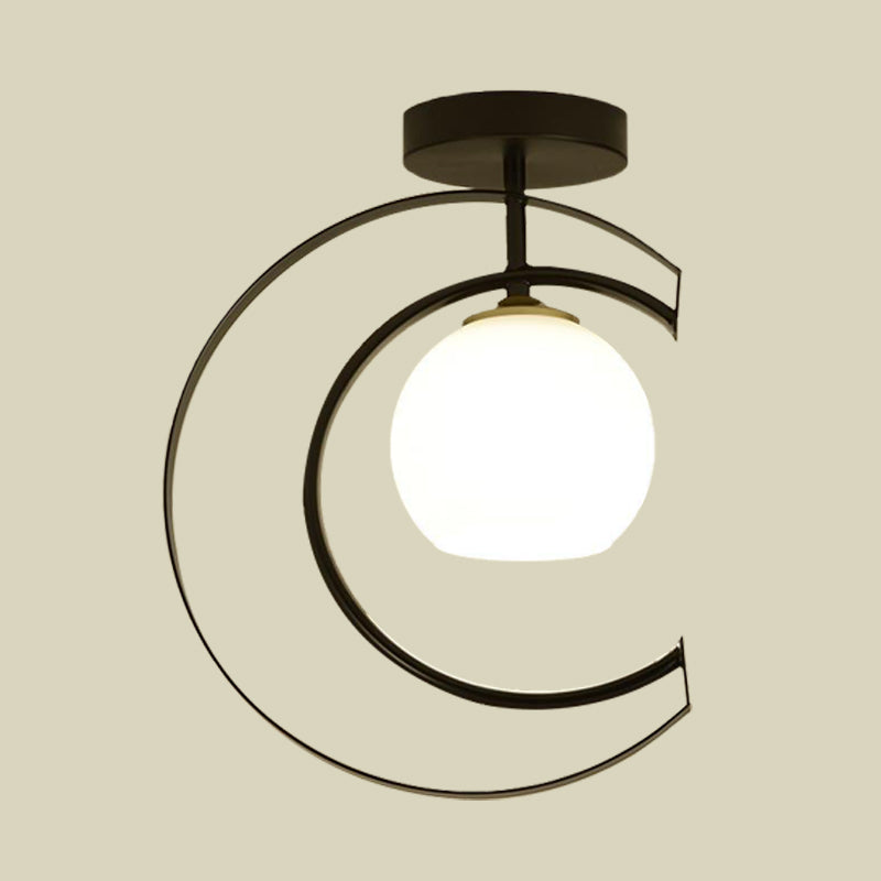 Modern Globe Semi Flush Light White Glass 1-Light Bedroom Ceiling Mounted Lamp in Black with Moon Iron Frame Clearhalo 'Ceiling Lights' 'Close To Ceiling Lights' 'Close to ceiling' 'Glass shade' 'Glass' 'Semi-flushmount' Lighting' 730522