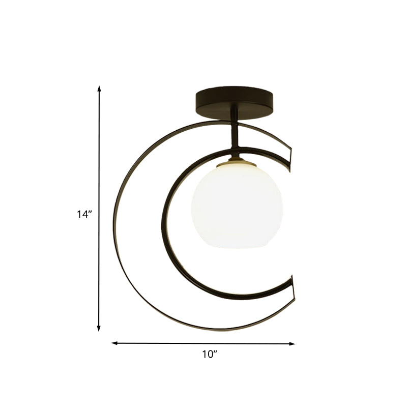 Modern Globe Semi Flush Light White Glass 1-Light Bedroom Ceiling Mounted Lamp in Black with Moon Iron Frame Clearhalo 'Ceiling Lights' 'Close To Ceiling Lights' 'Close to ceiling' 'Glass shade' 'Glass' 'Semi-flushmount' Lighting' 730523