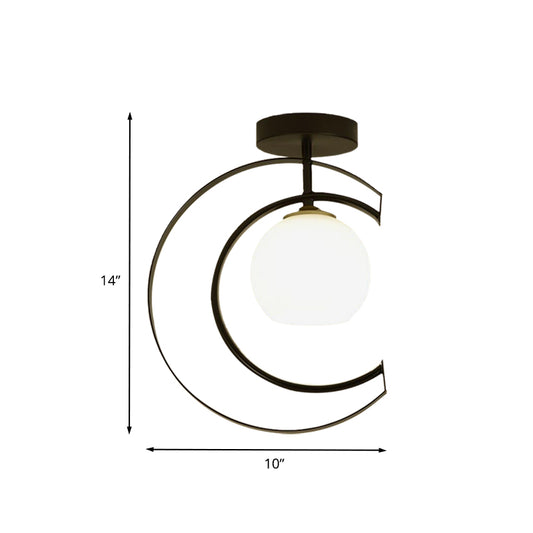 Modern Globe Semi Flush Light White Glass 1-Light Bedroom Ceiling Mounted Lamp in Black with Moon Iron Frame Clearhalo 'Ceiling Lights' 'Close To Ceiling Lights' 'Close to ceiling' 'Glass shade' 'Glass' 'Semi-flushmount' Lighting' 730523