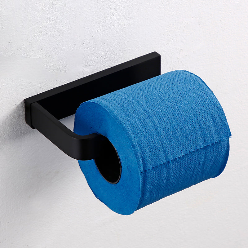 Black Bathroom Accessories Hardware Set with Towel Bar and Bath Shelf Flat Monocular Tissue Holder Clearhalo 'Bathroom Hardware Sets' 'Bathroom Hardware' 'Bathroom Remodel & Bathroom Fixtures' 'bathroom_hardware_sets' 'Home Improvement' 'home_improvement' 'home_improvement_bathroom_hardware_sets' 7305328