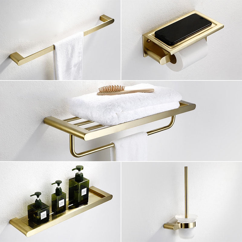 Brushed Brass Metal Bathroom Accessory As Individual Or As a Set 5-Piece Set (Single Deck Shelf) Clearhalo 'Bathroom Hardware Sets' 'Bathroom Hardware' 'Bathroom Remodel & Bathroom Fixtures' 'bathroom_hardware_sets' 'Home Improvement' 'home_improvement' 'home_improvement_bathroom_hardware_sets' 7305349