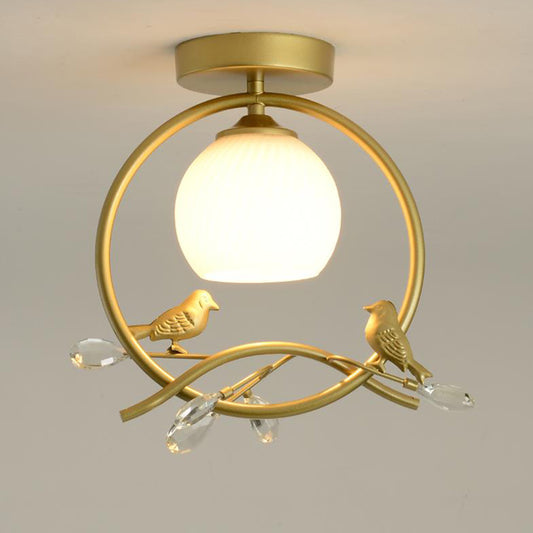 Metal Ring Semi-Flush Mount Modernist 1-Head Black/Gold Finish Flush Lighting with Bird and Crystal Deco Gold Clearhalo 'Ceiling Lights' 'Close To Ceiling Lights' 'Close to ceiling' 'Glass shade' 'Glass' 'Pendant Lights' 'Semi-flushmount' Lighting' 730534