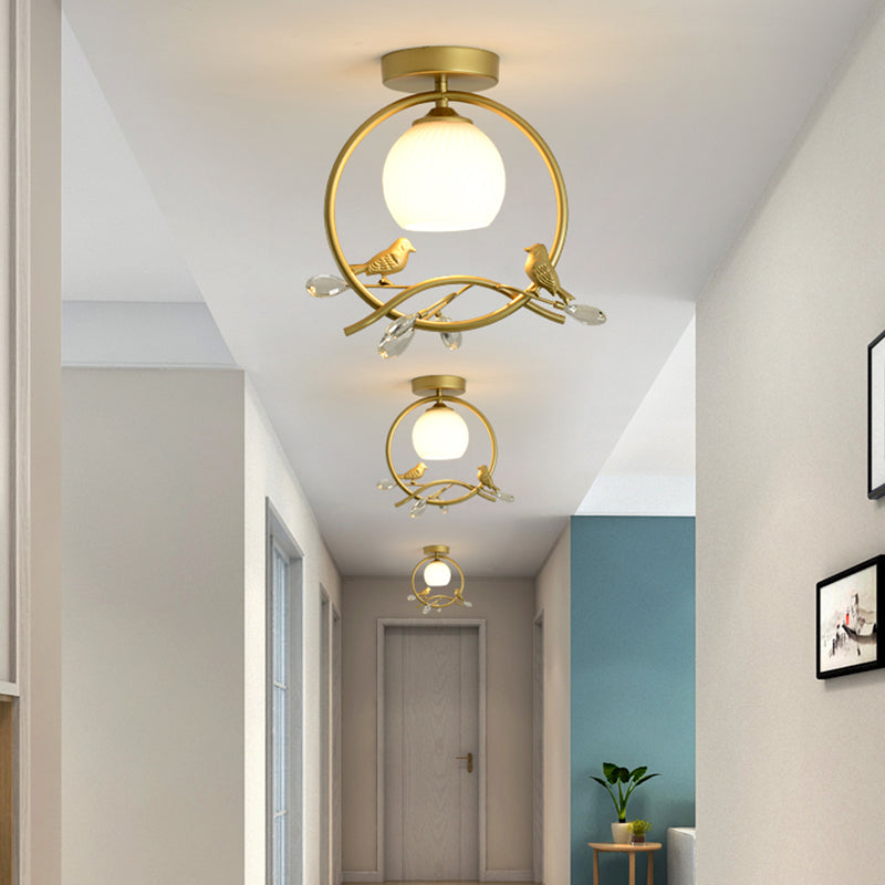 Metal Ring Semi-Flush Mount Modernist 1-Head Black/Gold Finish Flush Lighting with Bird and Crystal Deco Clearhalo 'Ceiling Lights' 'Close To Ceiling Lights' 'Close to ceiling' 'Glass shade' 'Glass' 'Pendant Lights' 'Semi-flushmount' Lighting' 730535