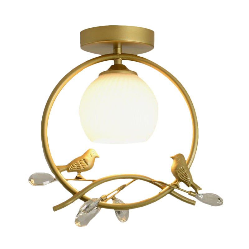 Metal Ring Semi-Flush Mount Modernist 1-Head Black/Gold Finish Flush Lighting with Bird and Crystal Deco Clearhalo 'Ceiling Lights' 'Close To Ceiling Lights' 'Close to ceiling' 'Glass shade' 'Glass' 'Pendant Lights' 'Semi-flushmount' Lighting' 730537