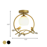 Metal Ring Semi-Flush Mount Modernist 1-Head Black/Gold Finish Flush Lighting with Bird and Crystal Deco Clearhalo 'Ceiling Lights' 'Close To Ceiling Lights' 'Close to ceiling' 'Glass shade' 'Glass' 'Pendant Lights' 'Semi-flushmount' Lighting' 730538
