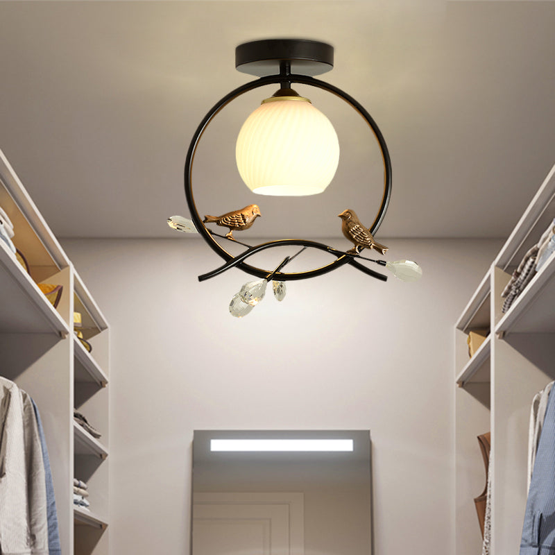 Metal Ring Semi-Flush Mount Modernist 1-Head Black/Gold Finish Flush Lighting with Bird and Crystal Deco Clearhalo 'Ceiling Lights' 'Close To Ceiling Lights' 'Close to ceiling' 'Glass shade' 'Glass' 'Pendant Lights' 'Semi-flushmount' Lighting' 730540