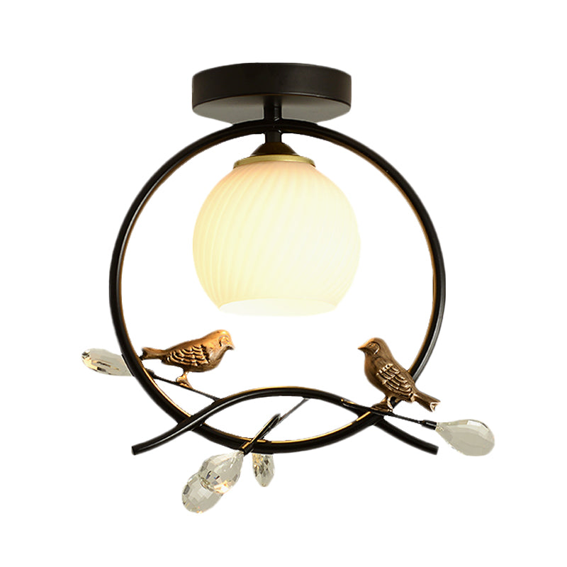 Metal Ring Semi-Flush Mount Modernist 1-Head Black/Gold Finish Flush Lighting with Bird and Crystal Deco Clearhalo 'Ceiling Lights' 'Close To Ceiling Lights' 'Close to ceiling' 'Glass shade' 'Glass' 'Pendant Lights' 'Semi-flushmount' Lighting' 730541