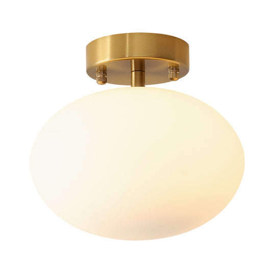 Gold Oval Semi Flush Light Fixture Minimalist 1-Light Cream Glass Close to Ceiling Lamp for Bedroom Clearhalo 'Ceiling Lights' 'Close To Ceiling Lights' 'Close to ceiling' 'Glass shade' 'Glass' 'Pendant Lights' 'Semi-flushmount' Lighting' 730545