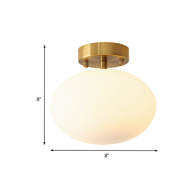 Gold Oval Semi Flush Light Fixture Minimalist 1-Light Cream Glass Close to Ceiling Lamp for Bedroom Clearhalo 'Ceiling Lights' 'Close To Ceiling Lights' 'Close to ceiling' 'Glass shade' 'Glass' 'Pendant Lights' 'Semi-flushmount' Lighting' 730546