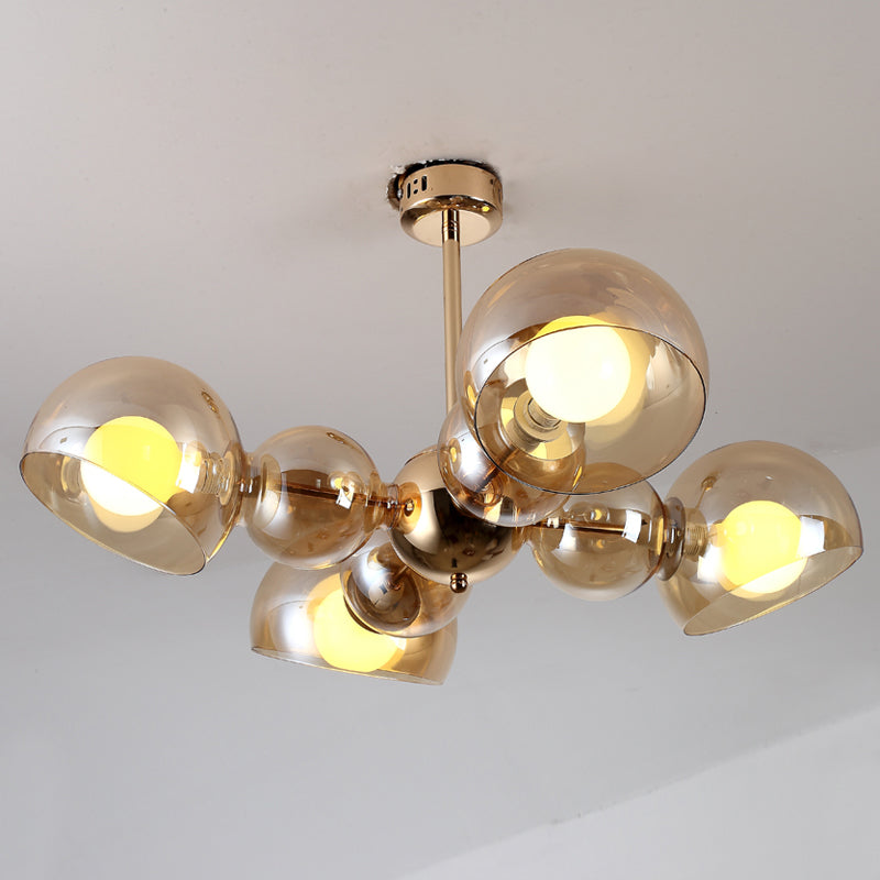 4/6 Lights Bedroom Semi Mount Lighting Brass Ceiling Light Fixture with Bowl Amber Glass Shade 4 Amber Clearhalo 'Ceiling Lights' 'Close To Ceiling Lights' 'Close to ceiling' 'Glass shade' 'Glass' 'Pendant Lights' 'Semi-flushmount' Lighting' 730602