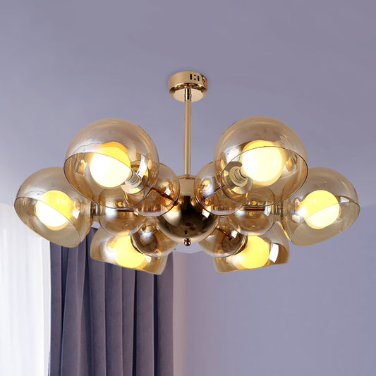 4/6 Lights Bedroom Semi Mount Lighting Brass Ceiling Light Fixture with Bowl Amber Glass Shade 6 Amber Clearhalo 'Ceiling Lights' 'Close To Ceiling Lights' 'Close to ceiling' 'Glass shade' 'Glass' 'Pendant Lights' 'Semi-flushmount' Lighting' 730607