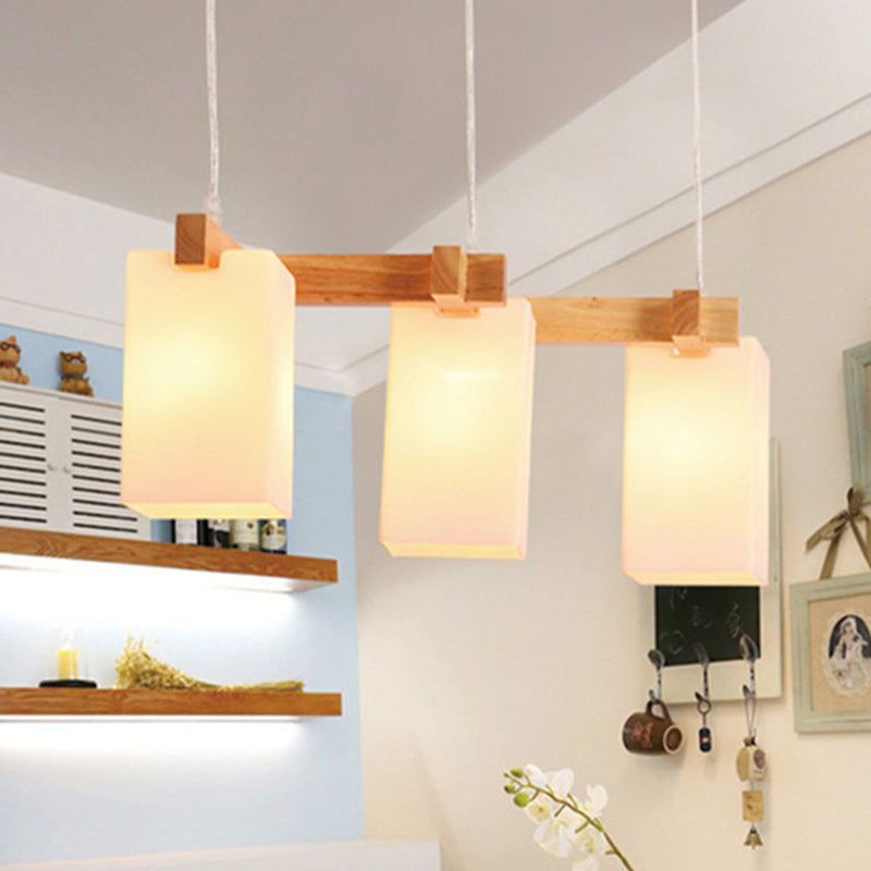3 Bulbs Kitchen Cluster Pendant Modern Wood Hanging Lamp with Rectangular White Glass Shade White Clearhalo 'Ceiling Lights' 'Glass shade' 'Glass' 'Island Lights' 'Modern Pendants' 'Modern' 'Pendant Lights' 'Pendants' Lighting' 730617