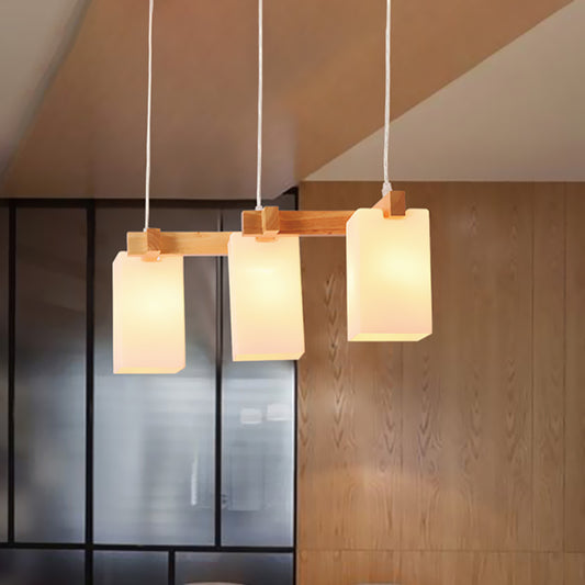 3 Bulbs Kitchen Cluster Pendant Modern Wood Hanging Lamp with Rectangular White Glass Shade Clearhalo 'Ceiling Lights' 'Glass shade' 'Glass' 'Island Lights' 'Modern Pendants' 'Modern' 'Pendant Lights' 'Pendants' Lighting' 730618