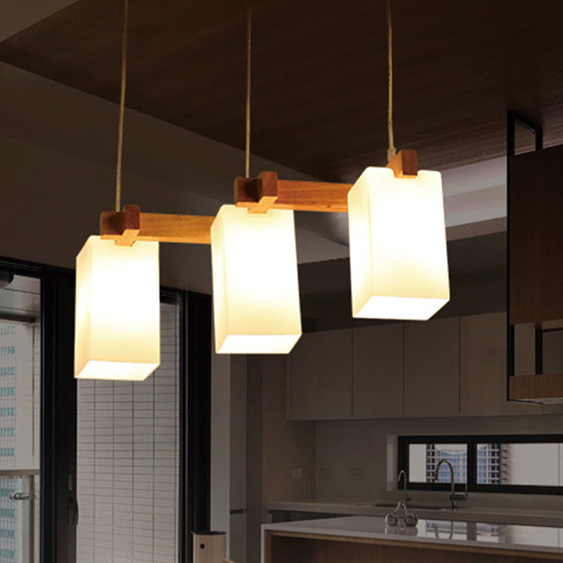 3 Bulbs Kitchen Cluster Pendant Modern Wood Hanging Lamp with Rectangular White Glass Shade Clearhalo 'Ceiling Lights' 'Glass shade' 'Glass' 'Island Lights' 'Modern Pendants' 'Modern' 'Pendant Lights' 'Pendants' Lighting' 730619