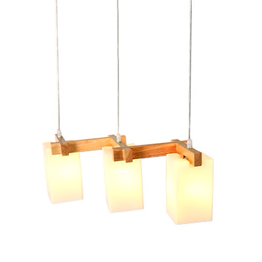 3 Bulbs Kitchen Cluster Pendant Modern Wood Hanging Lamp with Rectangular White Glass Shade Clearhalo 'Ceiling Lights' 'Glass shade' 'Glass' 'Island Lights' 'Modern Pendants' 'Modern' 'Pendant Lights' 'Pendants' Lighting' 730620