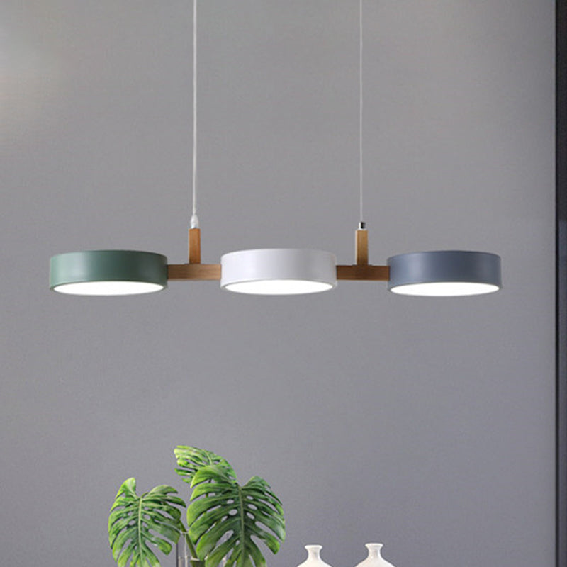 Metal Cylinder Multi Light Pendant Nordic 3 Head White-Grey-Green Ceiling Lamp with Wooden Arm White-Grey-Green Clearhalo 'Ceiling Lights' 'Modern Pendants' 'Modern' 'Pendant Lights' 'Pendants' Lighting' 730664