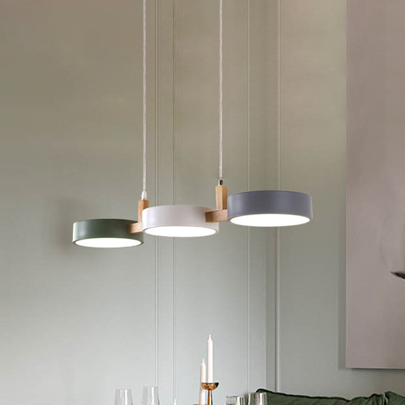 Metal Cylinder Multi Light Pendant Nordic 3 Head White-Grey-Green Ceiling Lamp with Wooden Arm Clearhalo 'Ceiling Lights' 'Modern Pendants' 'Modern' 'Pendant Lights' 'Pendants' Lighting' 730665