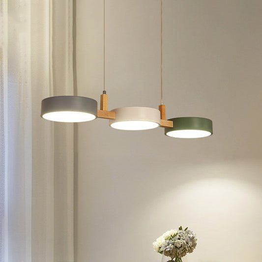Metal Cylinder Multi Light Pendant Nordic 3 Head White-Grey-Green Ceiling Lamp with Wooden Arm Clearhalo 'Ceiling Lights' 'Modern Pendants' 'Modern' 'Pendant Lights' 'Pendants' Lighting' 730666