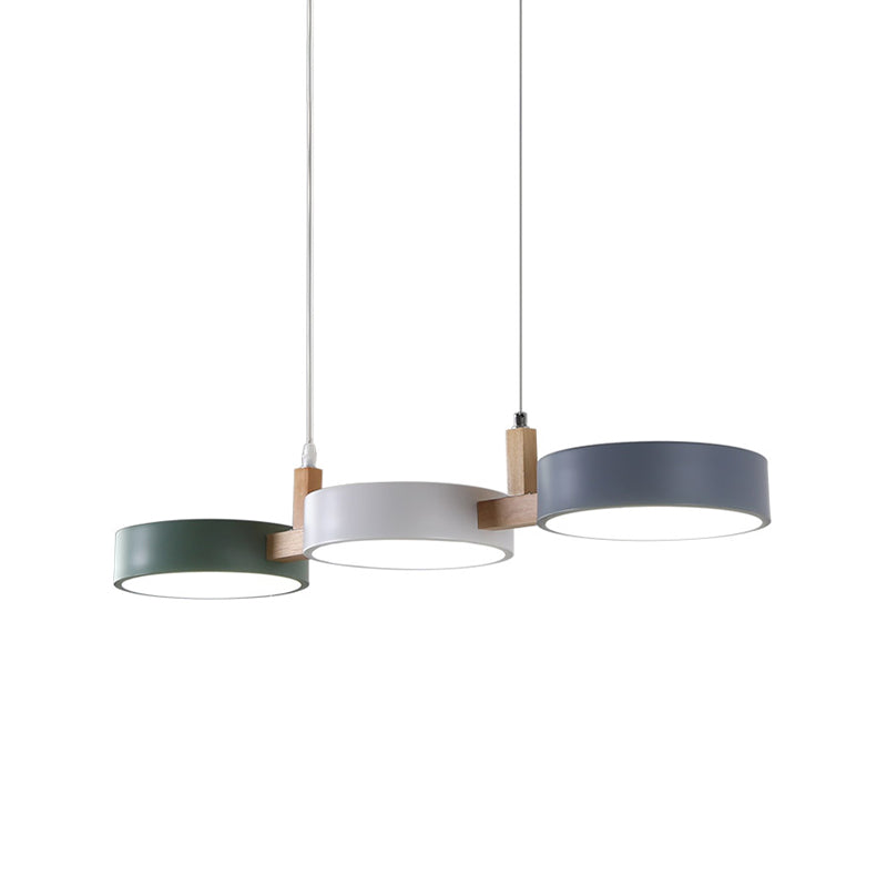 Metal Cylinder Multi Light Pendant Nordic 3 Head White-Grey-Green Ceiling Lamp with Wooden Arm Clearhalo 'Ceiling Lights' 'Modern Pendants' 'Modern' 'Pendant Lights' 'Pendants' Lighting' 730667