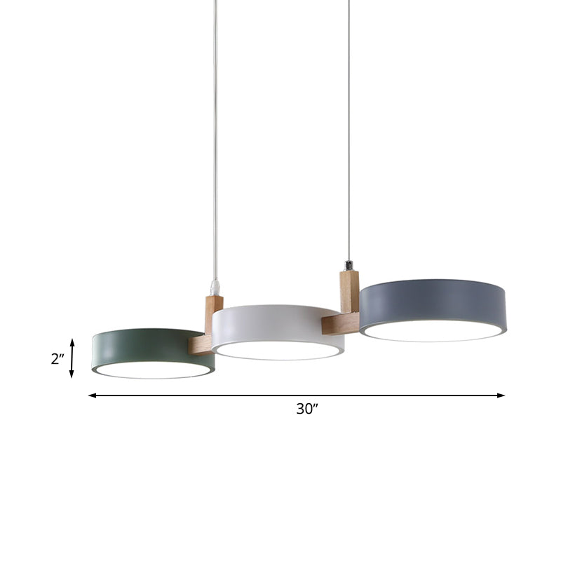 Metal Cylinder Multi Light Pendant Nordic 3 Head White-Grey-Green Ceiling Lamp with Wooden Arm Clearhalo 'Ceiling Lights' 'Modern Pendants' 'Modern' 'Pendant Lights' 'Pendants' Lighting' 730668
