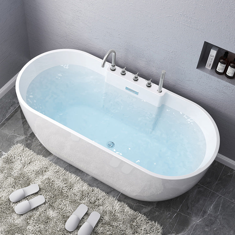Modern Oval Stand Alone Bathtub Acrylic White Soaking Back to Wall Bath White Tub with Silver 5-Piece Set Clearhalo 'Bathroom Remodel & Bathroom Fixtures' 'Bathtubs' 'Home Improvement' 'home_improvement' 'home_improvement_bathtubs' 'Showers & Bathtubs' 7307250
