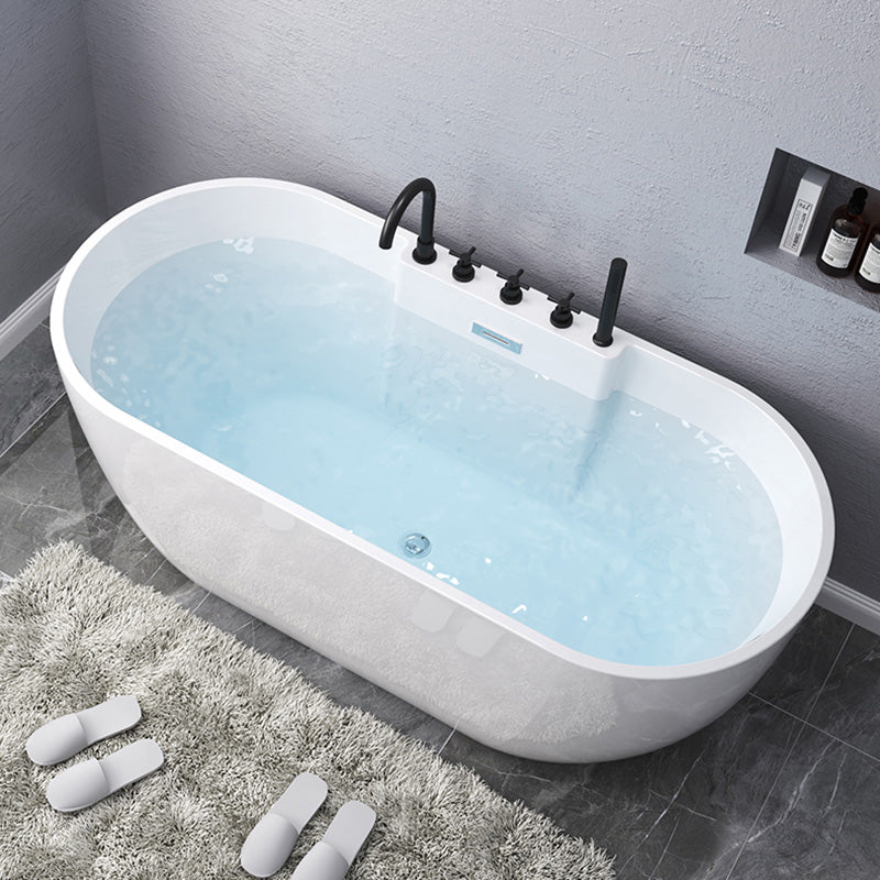 Modern Oval Stand Alone Bathtub Acrylic White Soaking Back to Wall Bath White Tub with Black 5-Piece Set Clearhalo 'Bathroom Remodel & Bathroom Fixtures' 'Bathtubs' 'Home Improvement' 'home_improvement' 'home_improvement_bathtubs' 'Showers & Bathtubs' 7307251