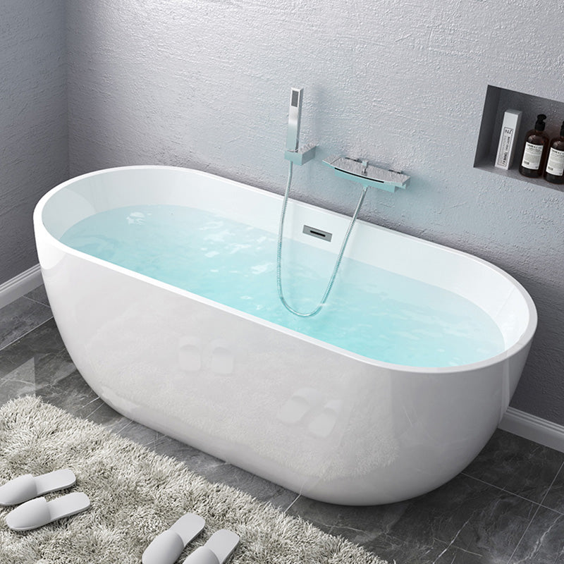 Modern Oval Stand Alone Bathtub Acrylic White Soaking Back to Wall Bath Silver Tub with Wall Mounted Faucets Clearhalo 'Bathroom Remodel & Bathroom Fixtures' 'Bathtubs' 'Home Improvement' 'home_improvement' 'home_improvement_bathtubs' 'Showers & Bathtubs' 7307259