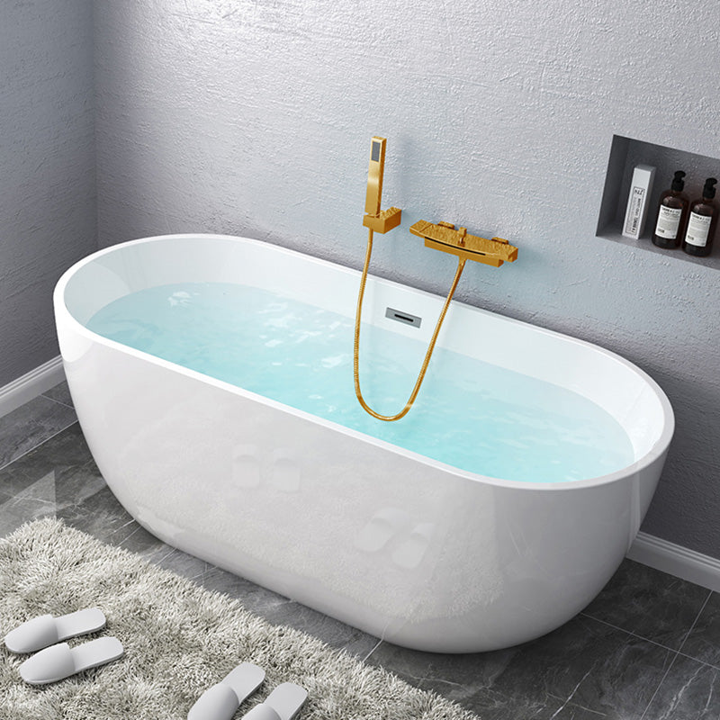 Modern Oval Stand Alone Bathtub Acrylic White Soaking Back to Wall Bath Gold Tub with Wall Mounted Faucets Clearhalo 'Bathroom Remodel & Bathroom Fixtures' 'Bathtubs' 'Home Improvement' 'home_improvement' 'home_improvement_bathtubs' 'Showers & Bathtubs' 7307261