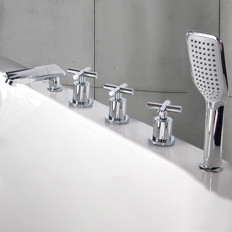Contemporary Style Bathroom Faucet Metal Deck Mounted Bathroom Faucet Chrome Cross Handles Fixed Clearhalo 'Bathroom Remodel & Bathroom Fixtures' 'Bathtub Faucets' 'bathtub_faucets' 'Home Improvement' 'home_improvement' 'home_improvement_bathtub_faucets' 7308392