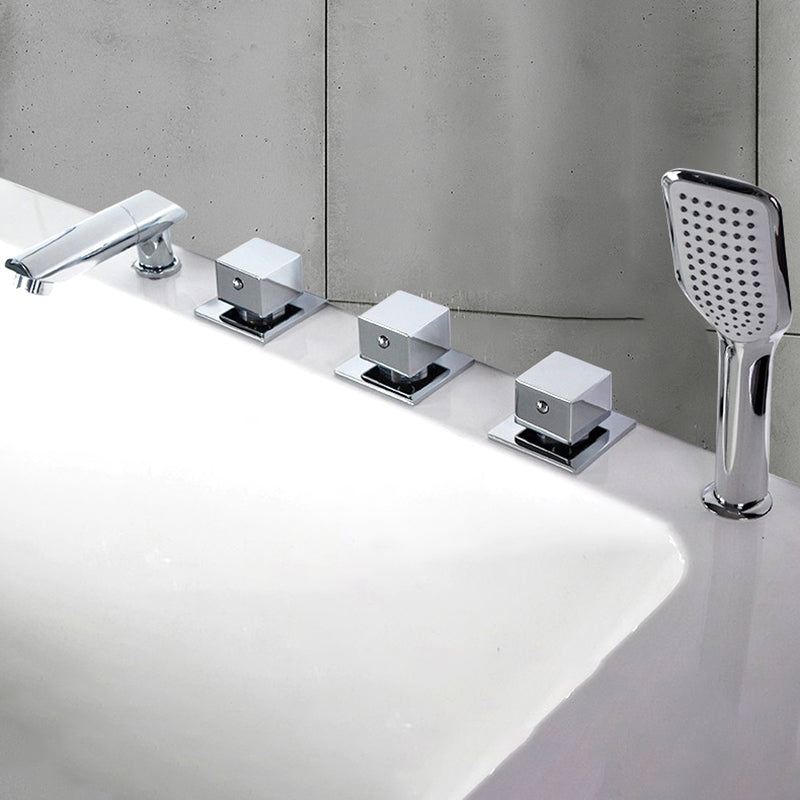 Contemporary Style Bathroom Faucet Metal Deck Mounted Bathroom Faucet Chrome Square Handle Fixed Clearhalo 'Bathroom Remodel & Bathroom Fixtures' 'Bathtub Faucets' 'bathtub_faucets' 'Home Improvement' 'home_improvement' 'home_improvement_bathtub_faucets' 7308400