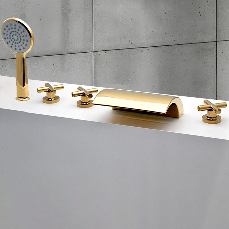 Contemporary Style Bathroom Faucet Metal Deck Mounted Bathroom Faucet Gold Cross Handles Fixed Clearhalo 'Bathroom Remodel & Bathroom Fixtures' 'Bathtub Faucets' 'bathtub_faucets' 'Home Improvement' 'home_improvement' 'home_improvement_bathtub_faucets' 7308408